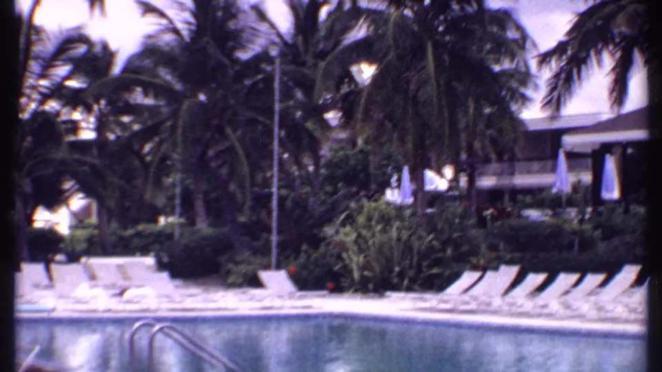 1969 Bahamas resort pool deck with empty loungers, closed umbrellas, dense palms, planted shrubs, and a metal ladder at the pool edge.