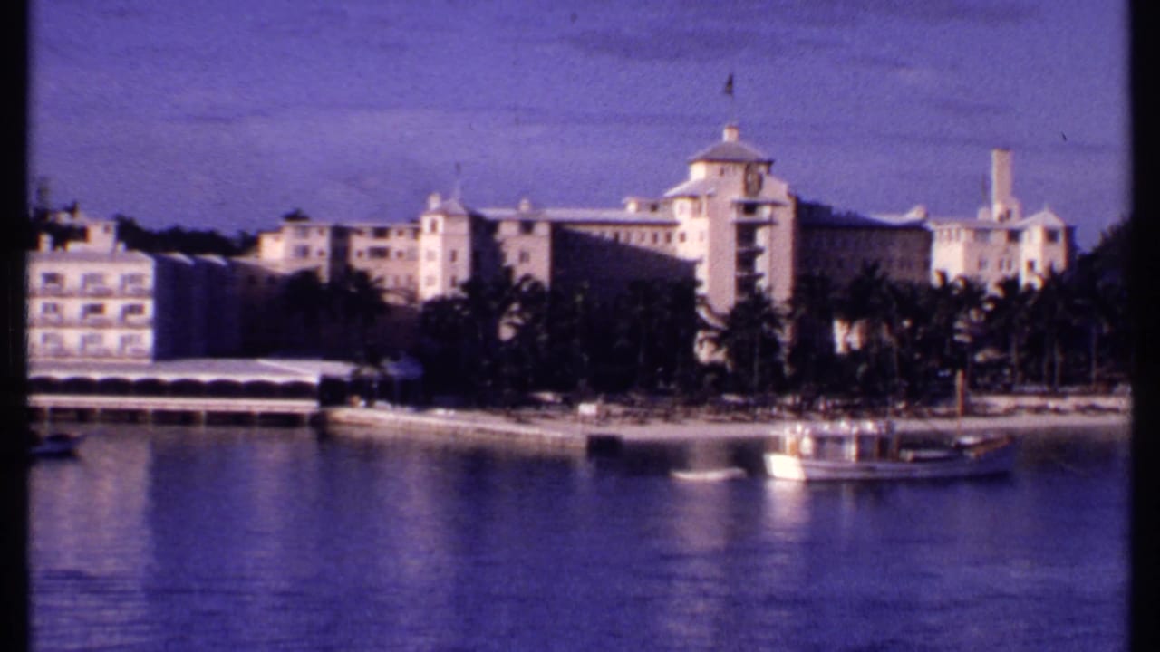 Large pale buildings and palms along the shoreline, seen across still harbor water.