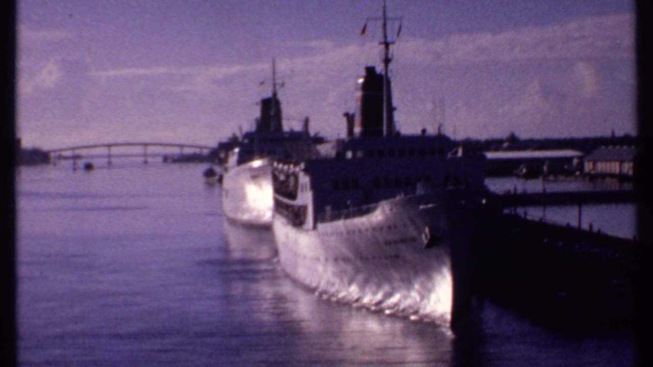 Two white steamers docked beside a pier on calm harbor water.