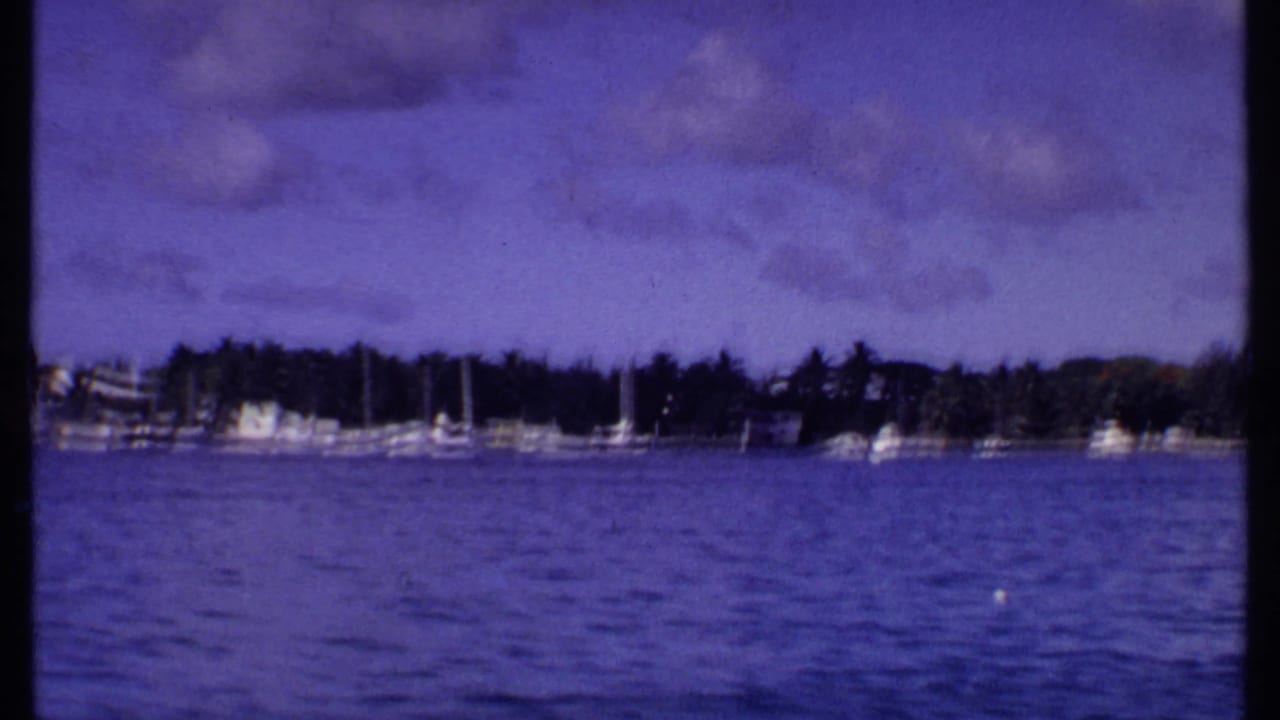 Sailboats and low shoreline buildings across blue water with dark frame edge.