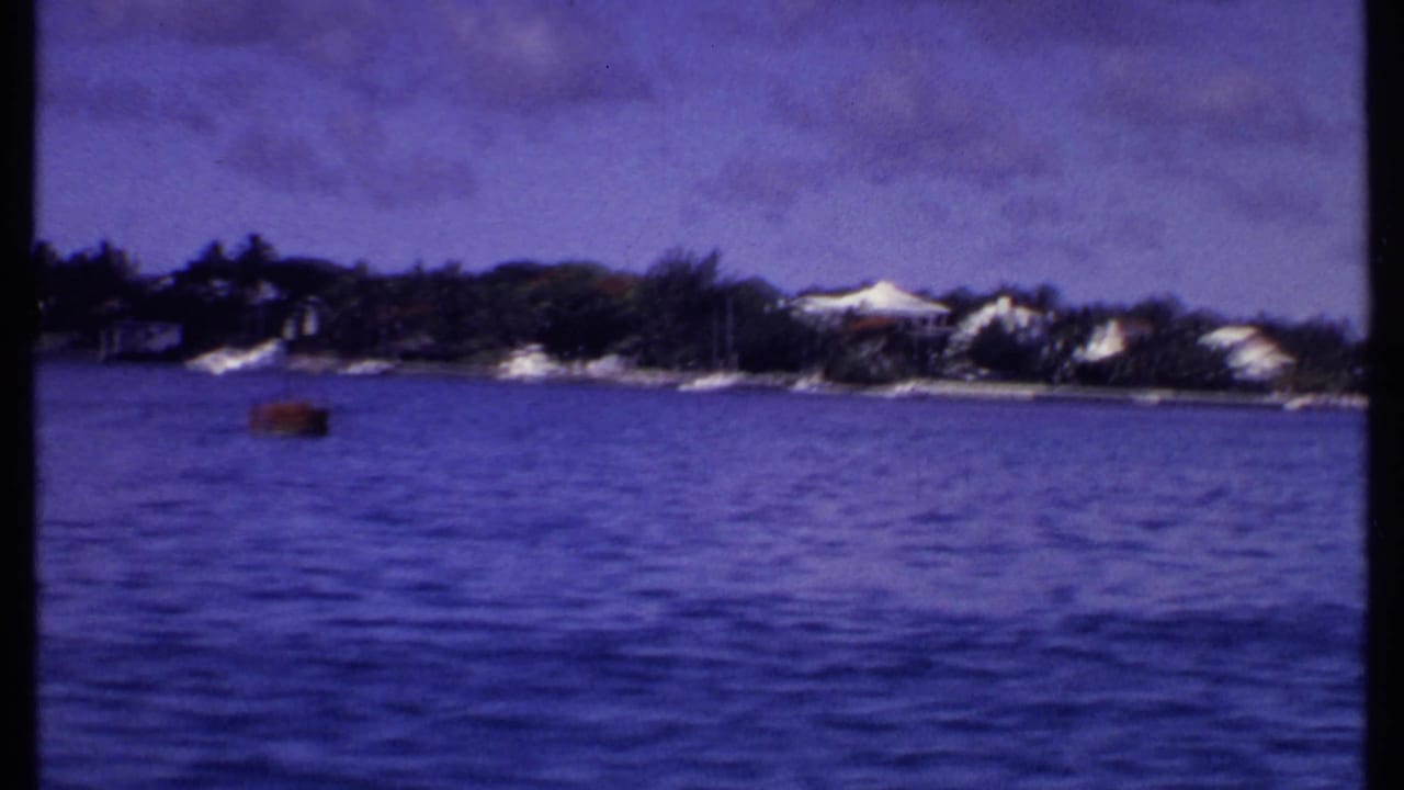 1969 Bahamas home-movie frame showing blue water and a distant palm-lined shoreline with white waterfront buildings.