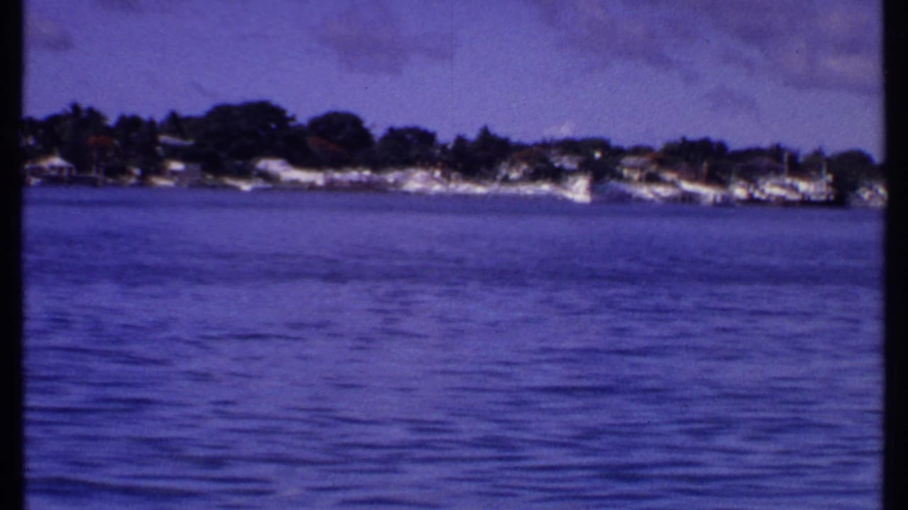 Calm blue water facing a distant shoreline with houses, trees, and small boats.