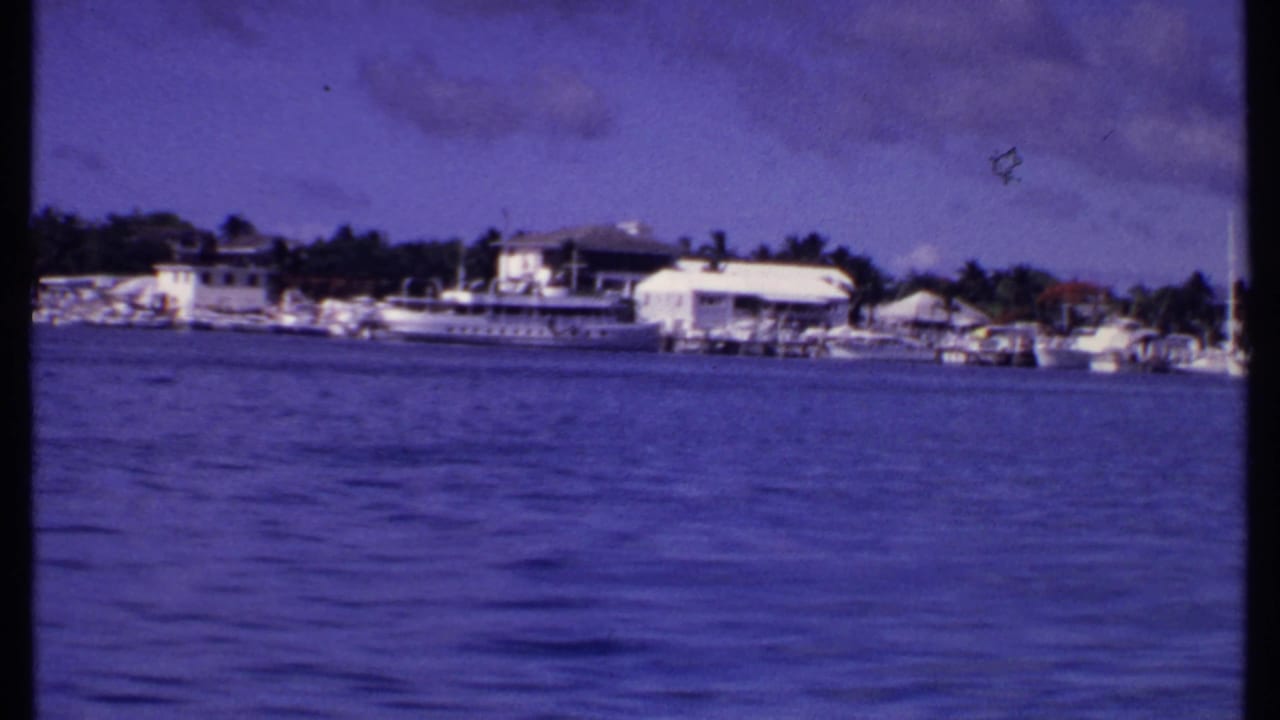 Waterfront buildings and docked boats seen across calm water.