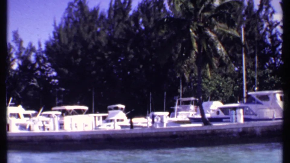 1969 Bahamas 8mm frame of white boats tied along a marina pier, backed by palm trees and dense tropical foliage.