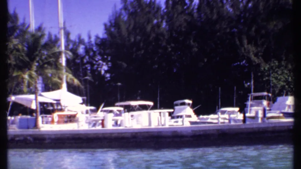 1969 Bahamas 8mm frame showing docked white boats along the water, with a palm tree, masts, and shaded foliage behind.