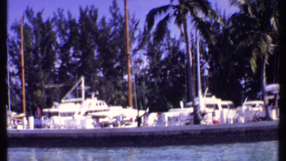 1969 Bahamas marina frame with a white cabin cruiser, sailboat rigging, concrete dock, palms, and sunlit water in the foreground.