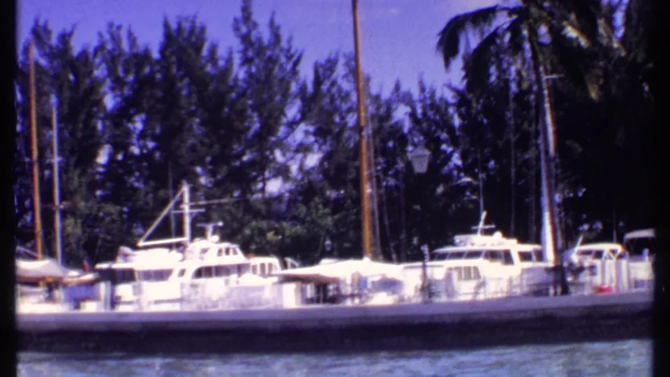 Final 1969 Bahamas marina view with moored white yachts, tall masts, palm trees, concrete quay, and rippled blue water.