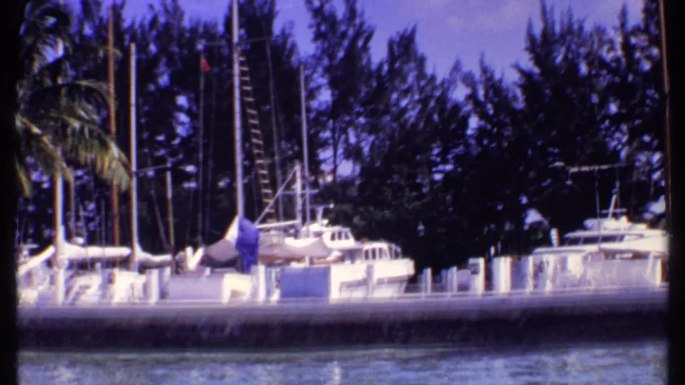 1969 Bahamas 8mm frame showing marina boats, mast rigging, palm fronds, and shaded tropical foliage beyond the dock.