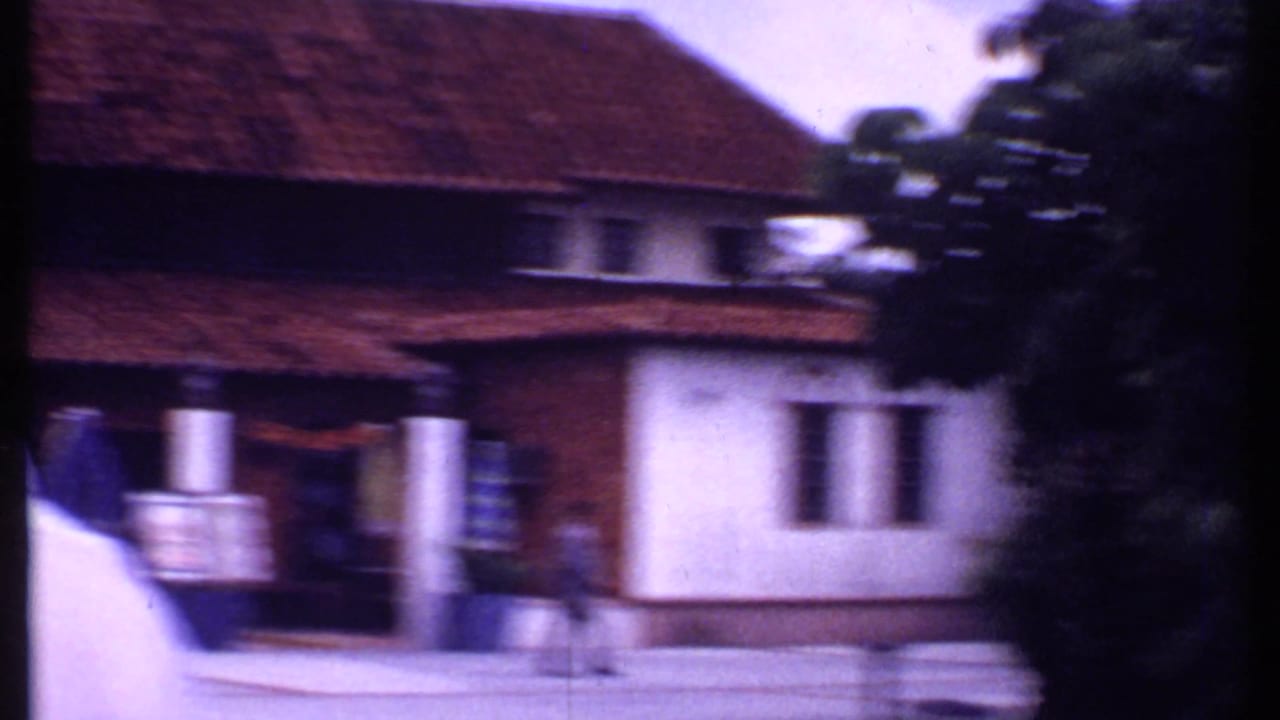 Blurred view of a red-roofed attraction building with columns and signage.