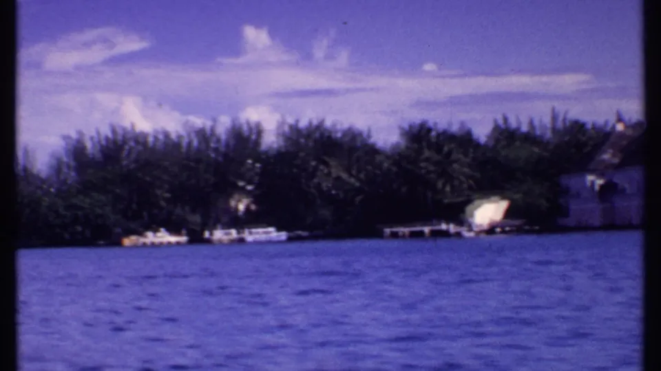 1969 Bahamas 8mm frame showing open water, a dark tree-lined shore, small dock structures, and a bright sky with purple film cast.