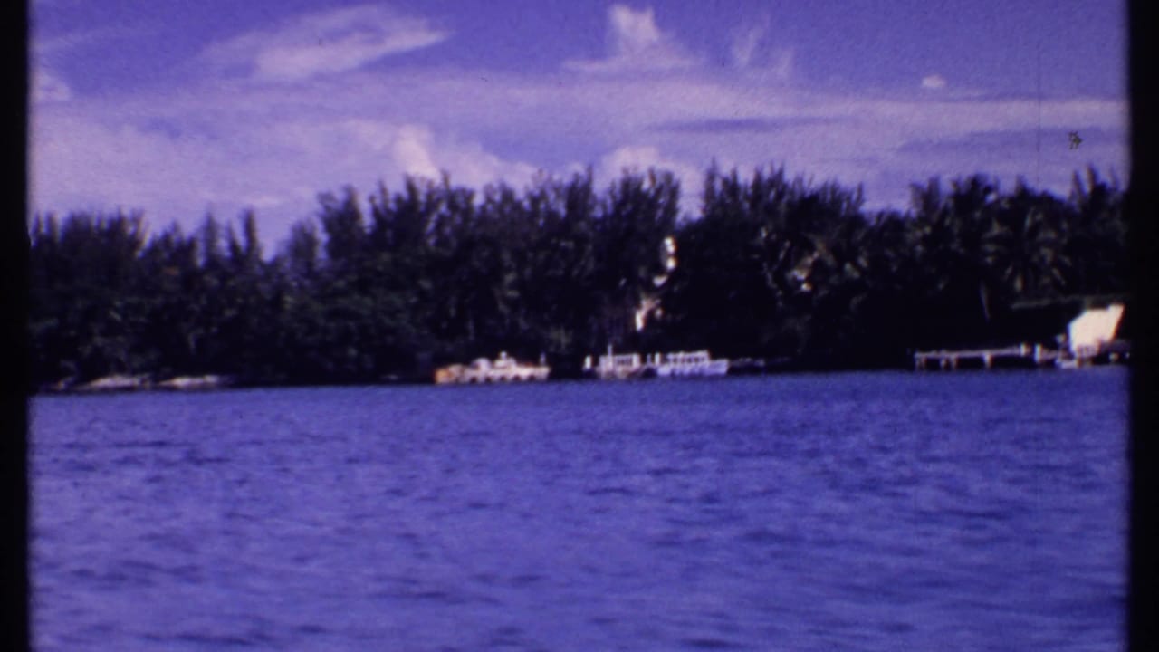 Waterfront view with low shoreline structures, trees, and rippling blue water.