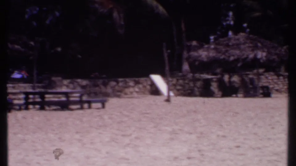 1969 Bahamas resort beach view with open sand, a bench or lounger, thatched cabana, low stone wall, and palm trees.