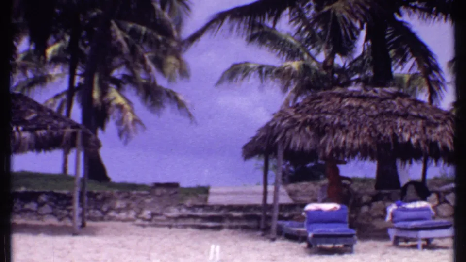 1969 Bahamas resort view of blue lounge chairs under a thatched cabana, framed by palms and a low wall near the water.