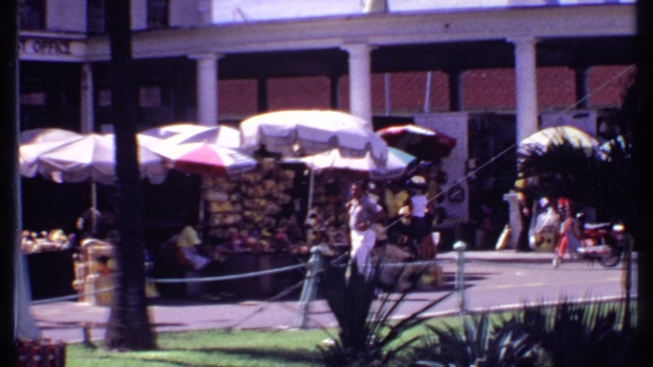 Umbrella market stalls with pedestrians, palm trunks, and a man in white trousers walking past.