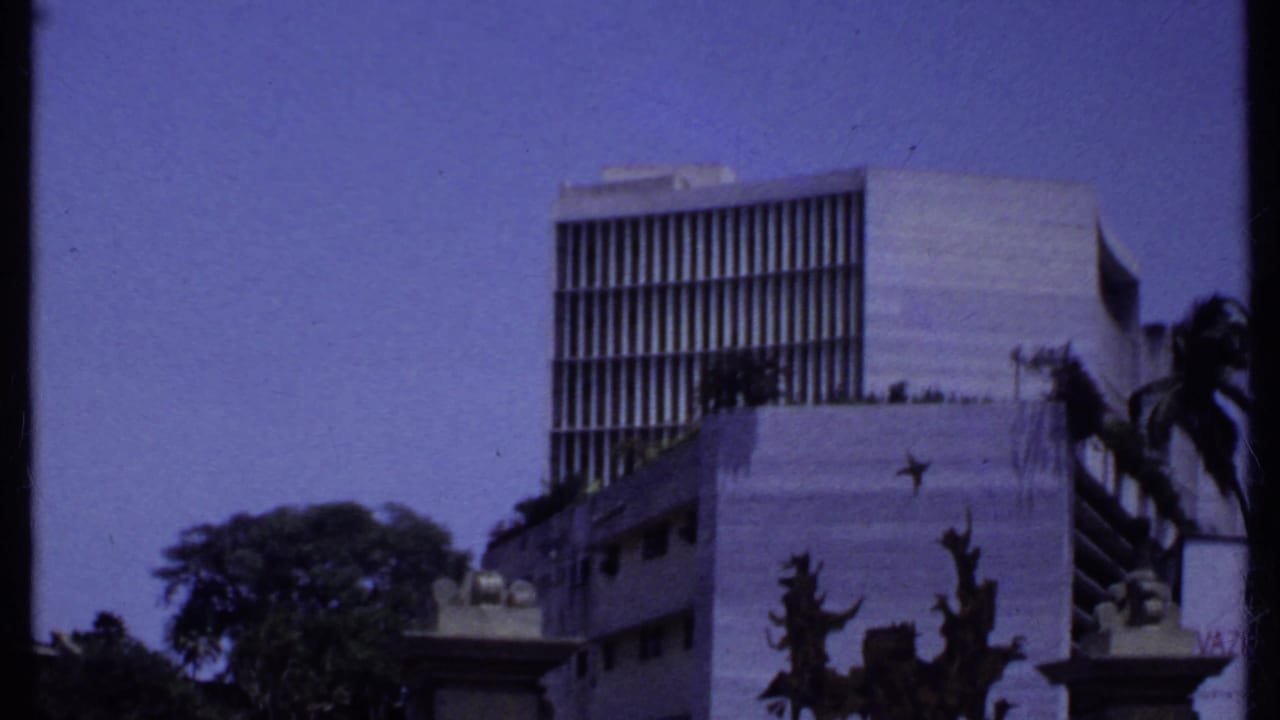 Modernist building with vertical slats, palm trees, and blue sky.