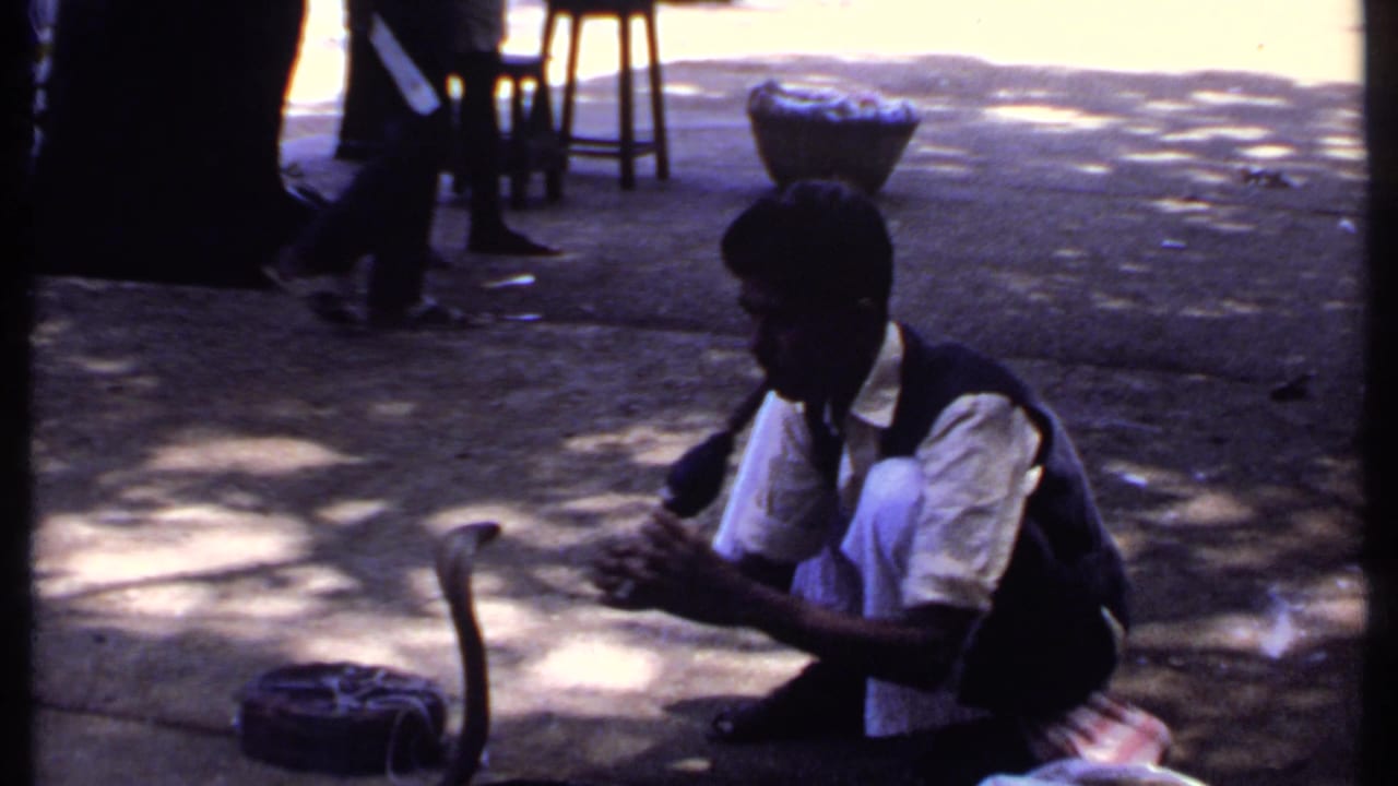 1969 India 8mm frame of a seated snake charmer with a raised cobra, basket, instrument, and pedestrians moving behind him.