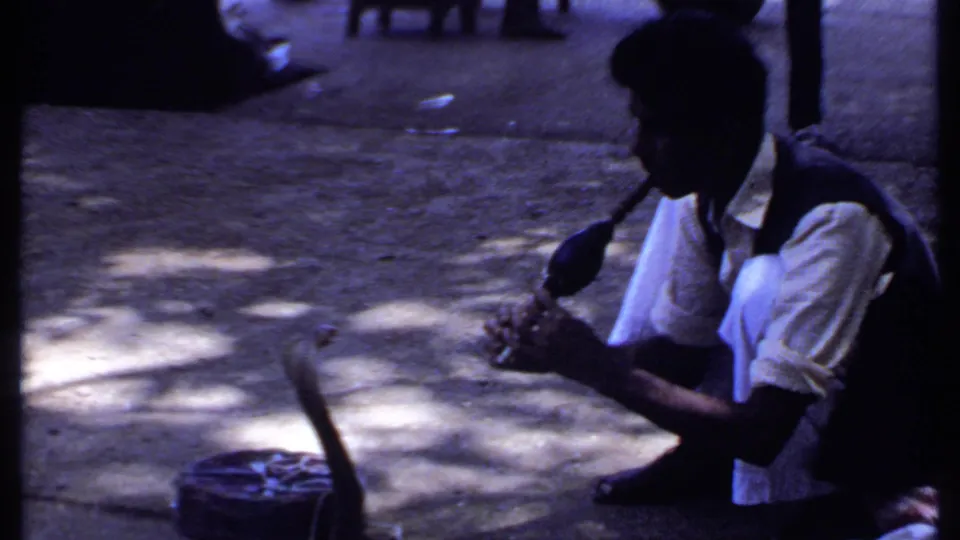 The 8mm frame shows the crouching snake charmer leaning toward the cobra, with the basket and shaded pavement prominent in the foreground.