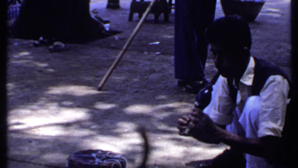 In the final frame, the crouching performer faces the cobra and basket while motion blur suggests the snake swaying in front of him.