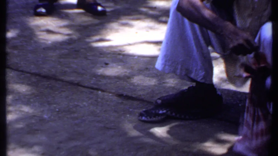 1969 India home-movie frame of a crouching man reaching toward a cloth bag during the snake-handling incident.