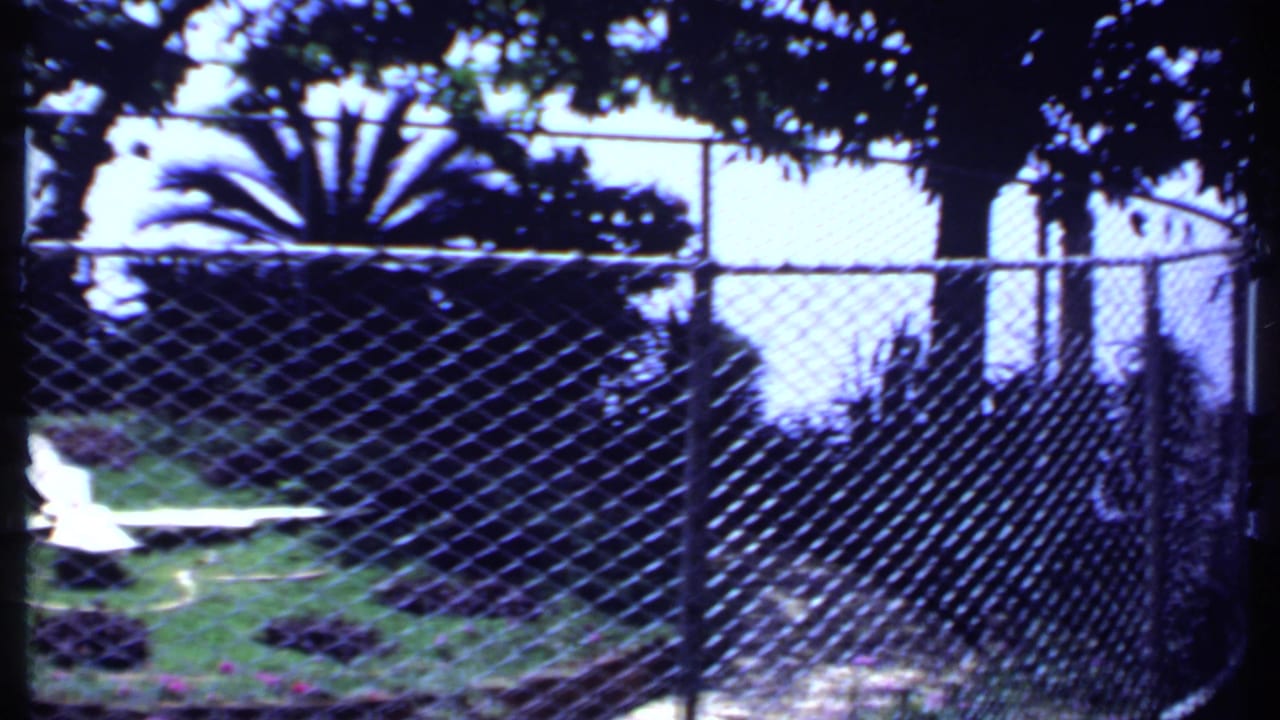 Chain-link fence in front of a landscaped lawn with white lounge chairs and shaded planting.