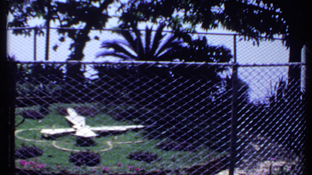 1969 India 8mm frame of a fenced garden or enclosure with white lounge chairs, low shrubs, and bright sunlit grass.