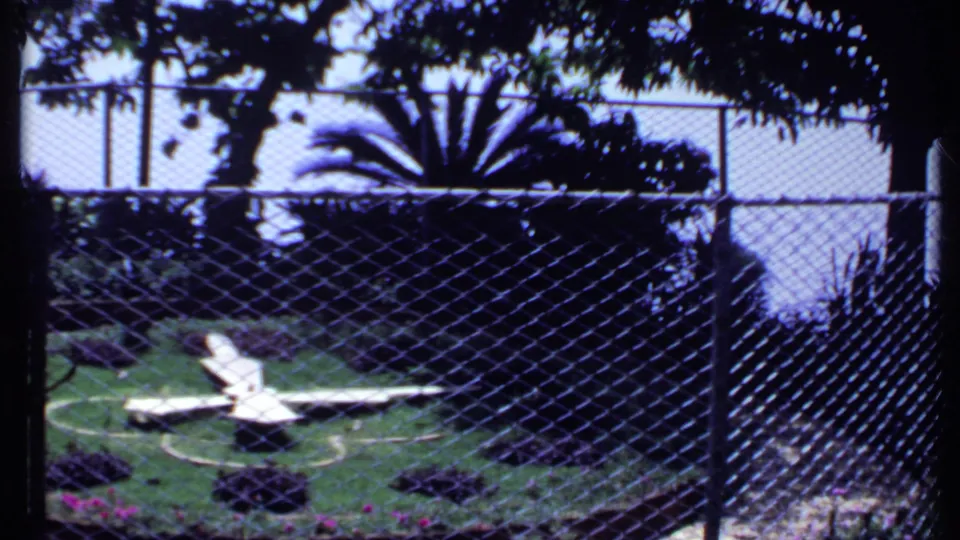 1969 India 8mm frame of a fenced garden or enclosure with white lounge chairs, low shrubs, and bright sunlit grass.