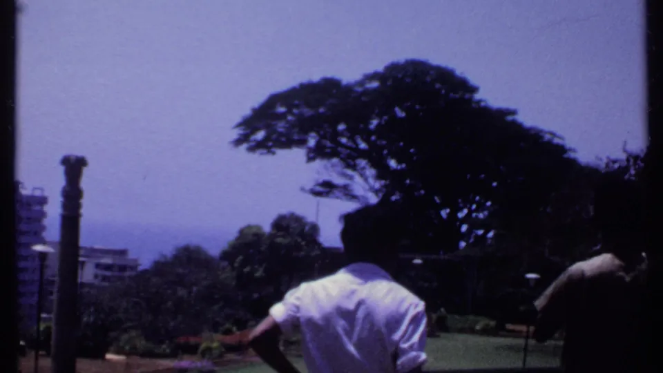 A 1969 India home-movie frame showing men in a garden, a broad dark tree canopy, distant water, and urban buildings in haze.