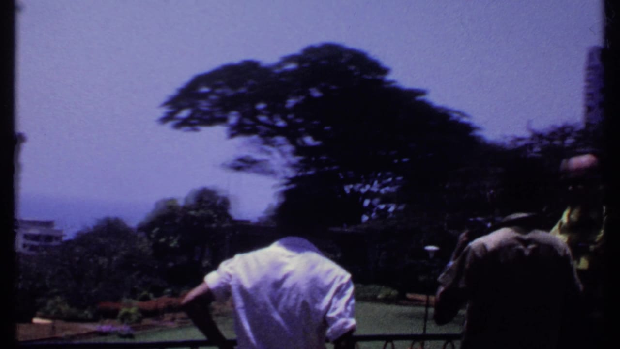 Three adult men stand by a balcony railing overlooking a green park with trees and distant buildings.