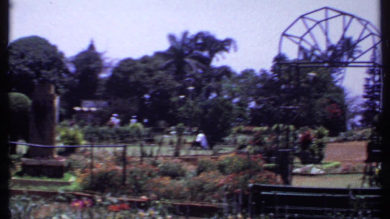 1969 India 8mm frame of a botanical garden with visitors walking among beds, palms, and a large metal arch structure.