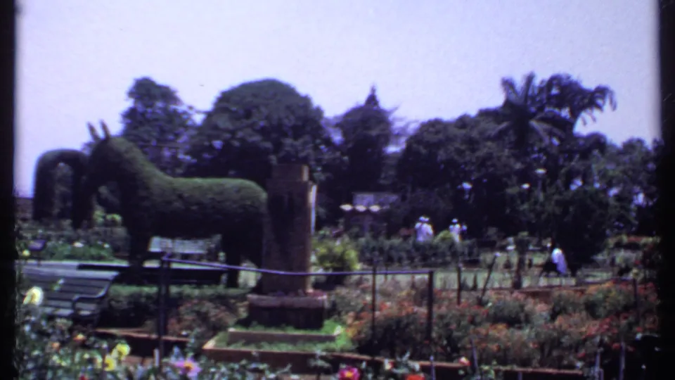 1969 India 8mm frame showing a horse-shaped topiary beside benches and flower beds as visitors pass through the garden.