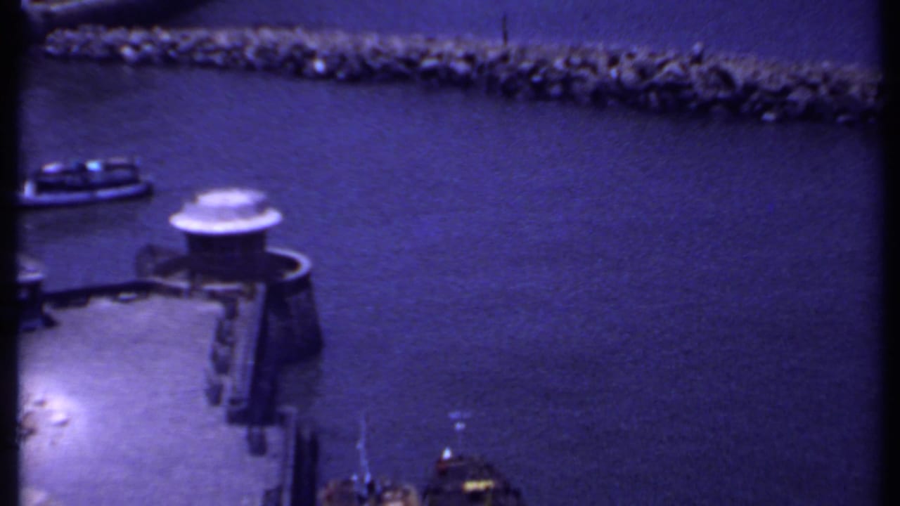 Harbor water with small boats near a concrete dock and round white-roofed structure.