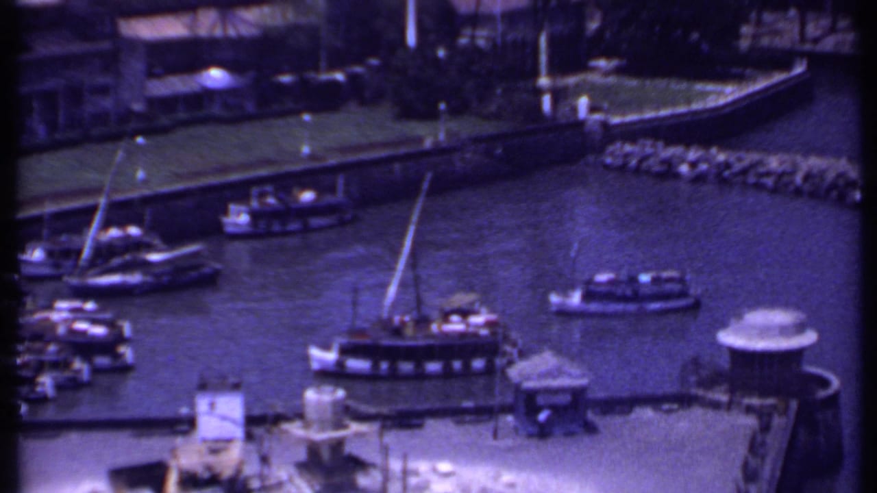 1969 India 8mm view showing multiple harbor boats, a concrete dock, grassy shoreline, and waterfront buildings.