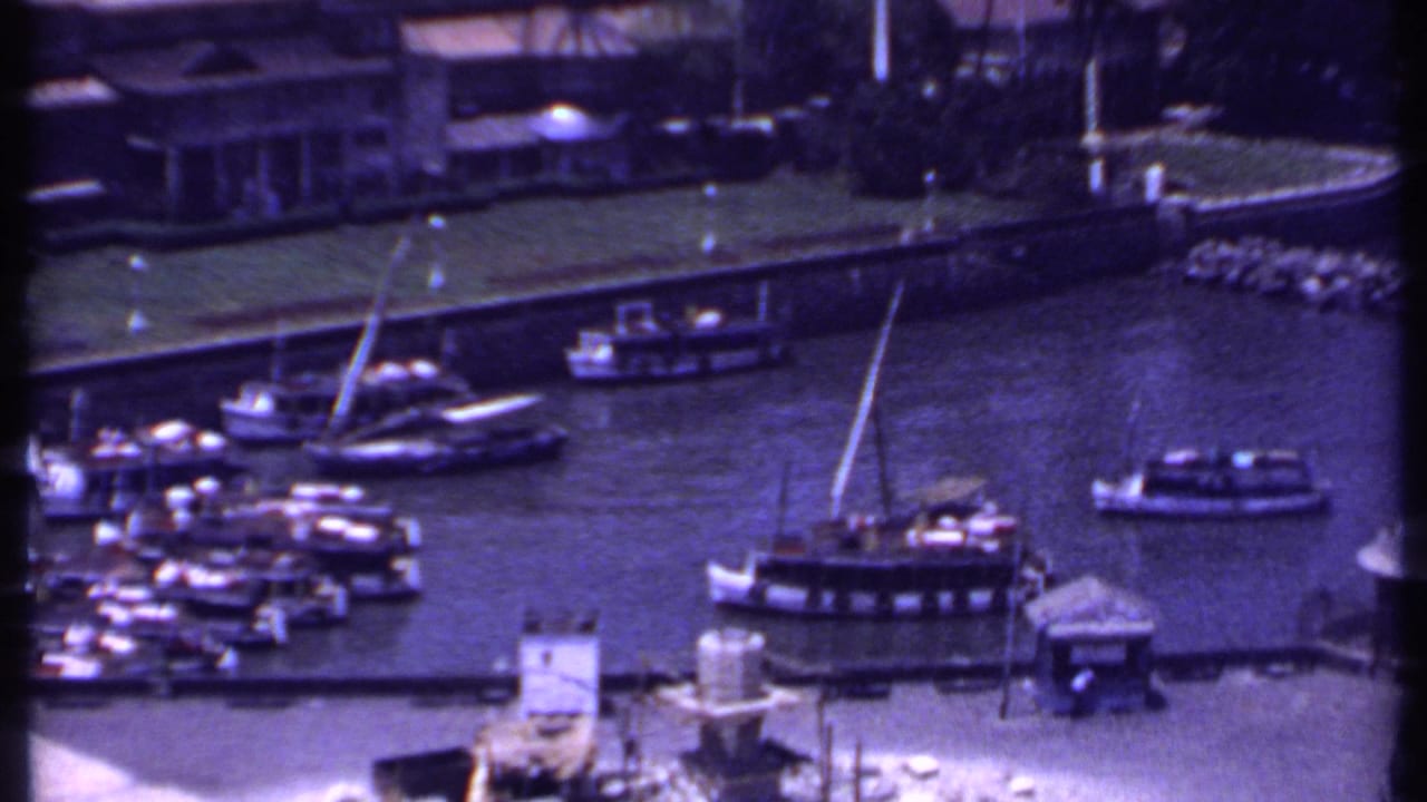 1969 India home-movie frame with moored harbor boats, a dock, grassy bank, and low waterfront buildings.