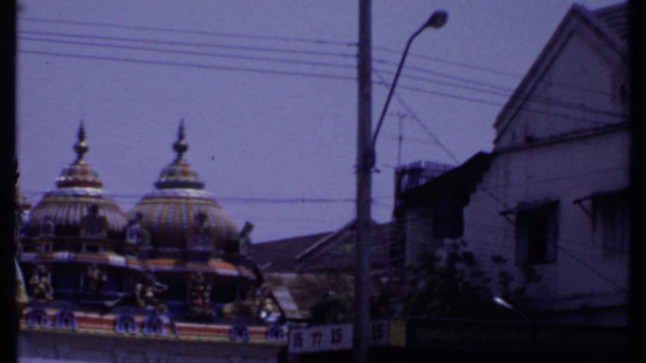 Ornate temple domes behind a street building, utility poles, wires, and dark frame edges.