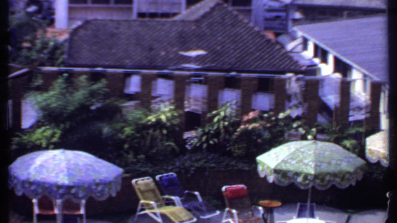 Elevated view of patio umbrellas, lounge chairs, shrubs, and nearby buildings.