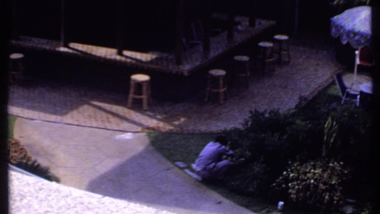 1969 India patio scene showing a low bar with stools, a curved walkway, dense shrubs, and a man crouching near the planting.