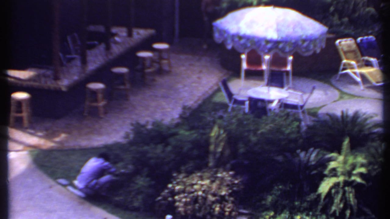 Garden patio with bar stools, umbrella seating, lounge chairs, and a person near the plants.