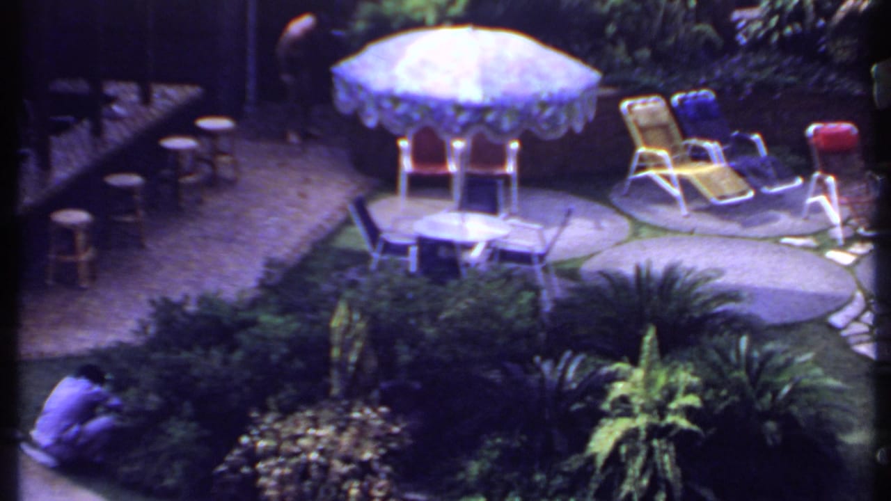 Patio umbrella, table seating, lounge chairs, stools, and dense garden plants.
