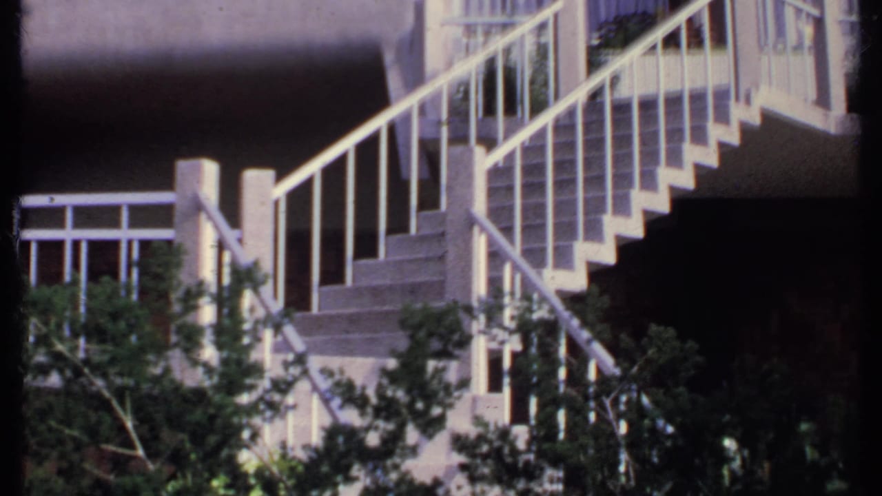 1969 India 8mm frame with a stair flight, pale railings, upper balcony windows, and leafy branches in the lower foreground.