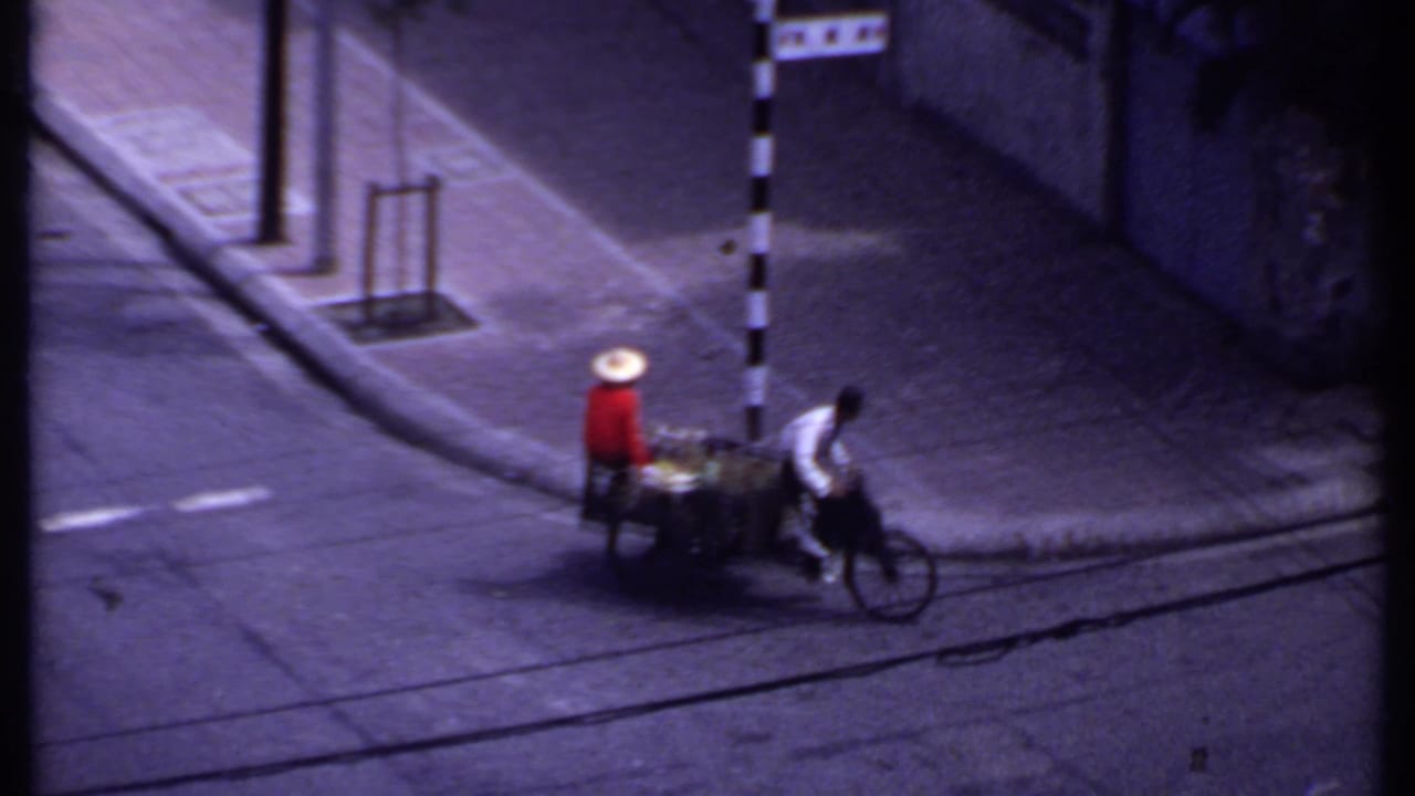 Cart and bicycle continue along the street beside curbside paving.