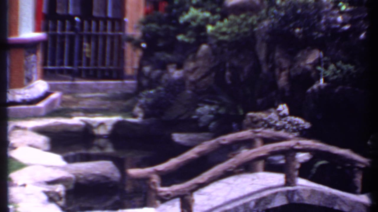 1969 India 8mm frame with a closer view of the garden bridge, pond edge, rockwork, shrubs, and building facade.
