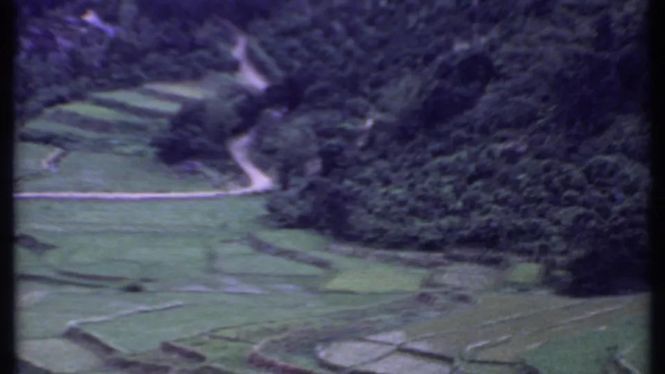 1969 India 8mm aerial frame showing terraced fields, dense trees, and a winding pale path across a rural mountainside.