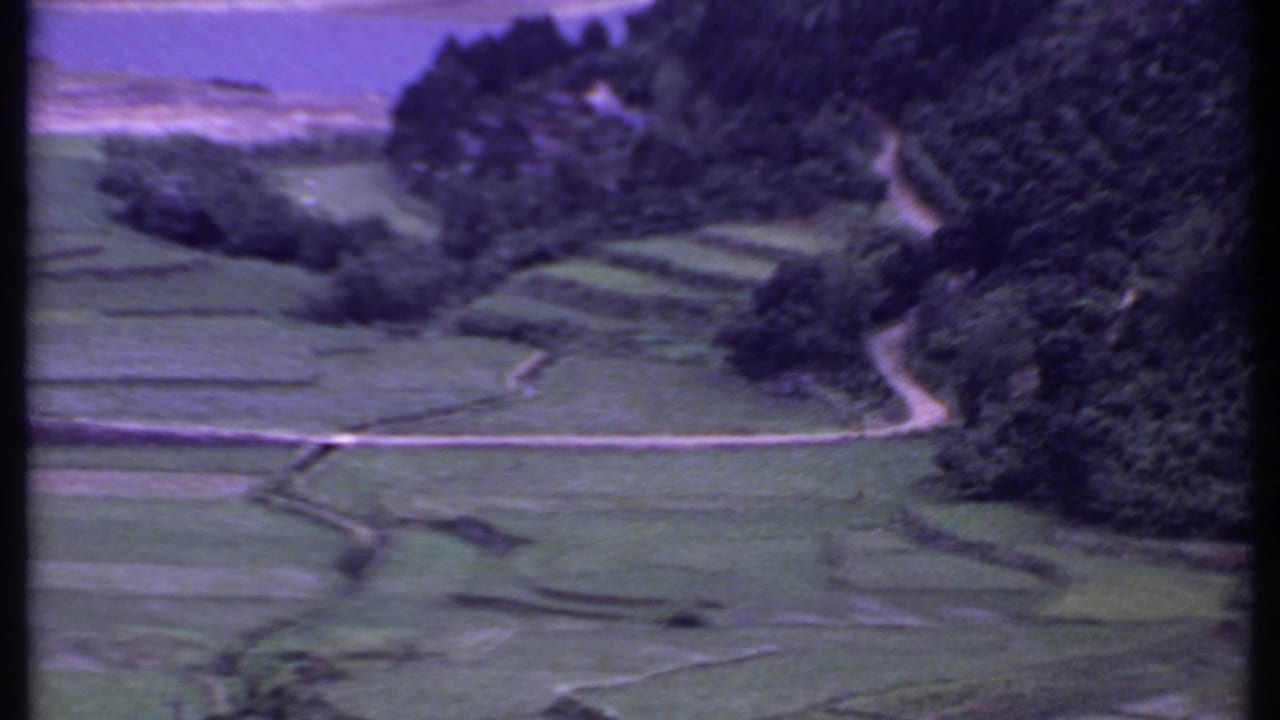 1969 India 8mm frame looking over terraced farmland, tree cover, and a pale road or path along the mountainside.