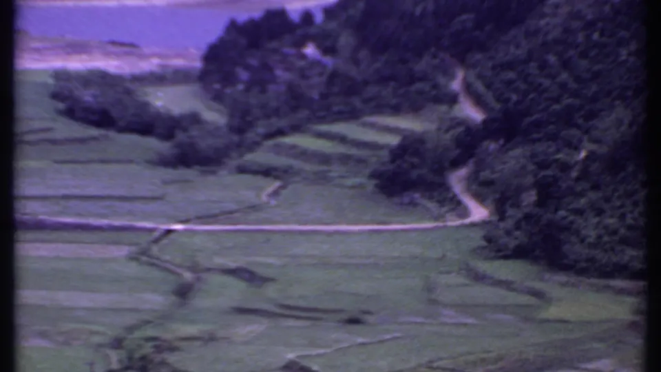 1969 India 8mm frame looking over terraced farmland, tree cover, and a pale road or path along the mountainside.