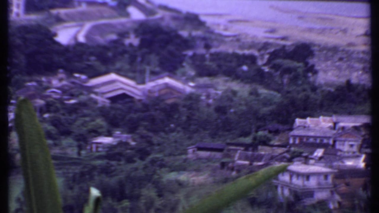 1969 India frame showing village buildings among trees on a misty hillside, with foreground leaves and winding pale paths above.