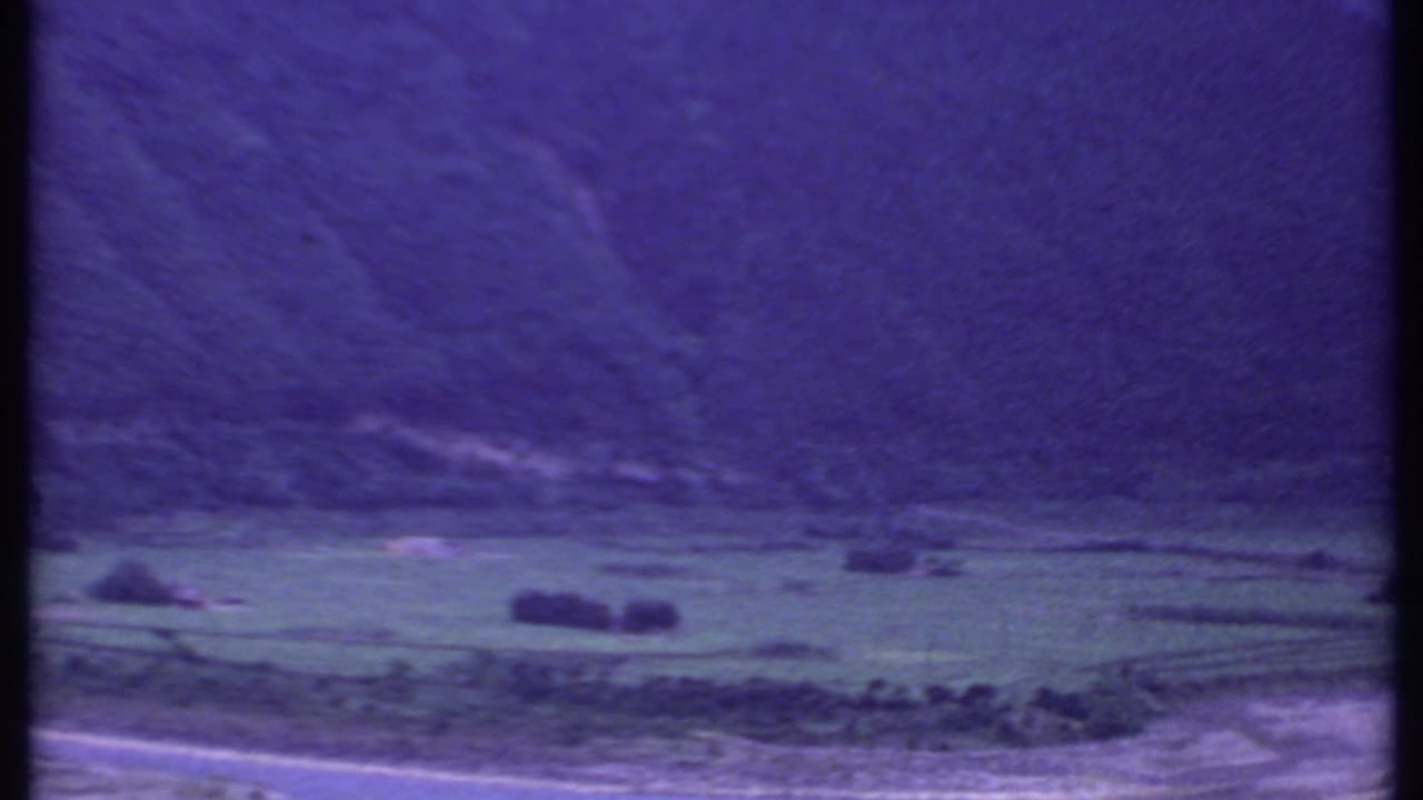 Final 1969 India 8mm frame holding on green fields, a foreground road, scattered trees, and a dark hillside under strong color drift.