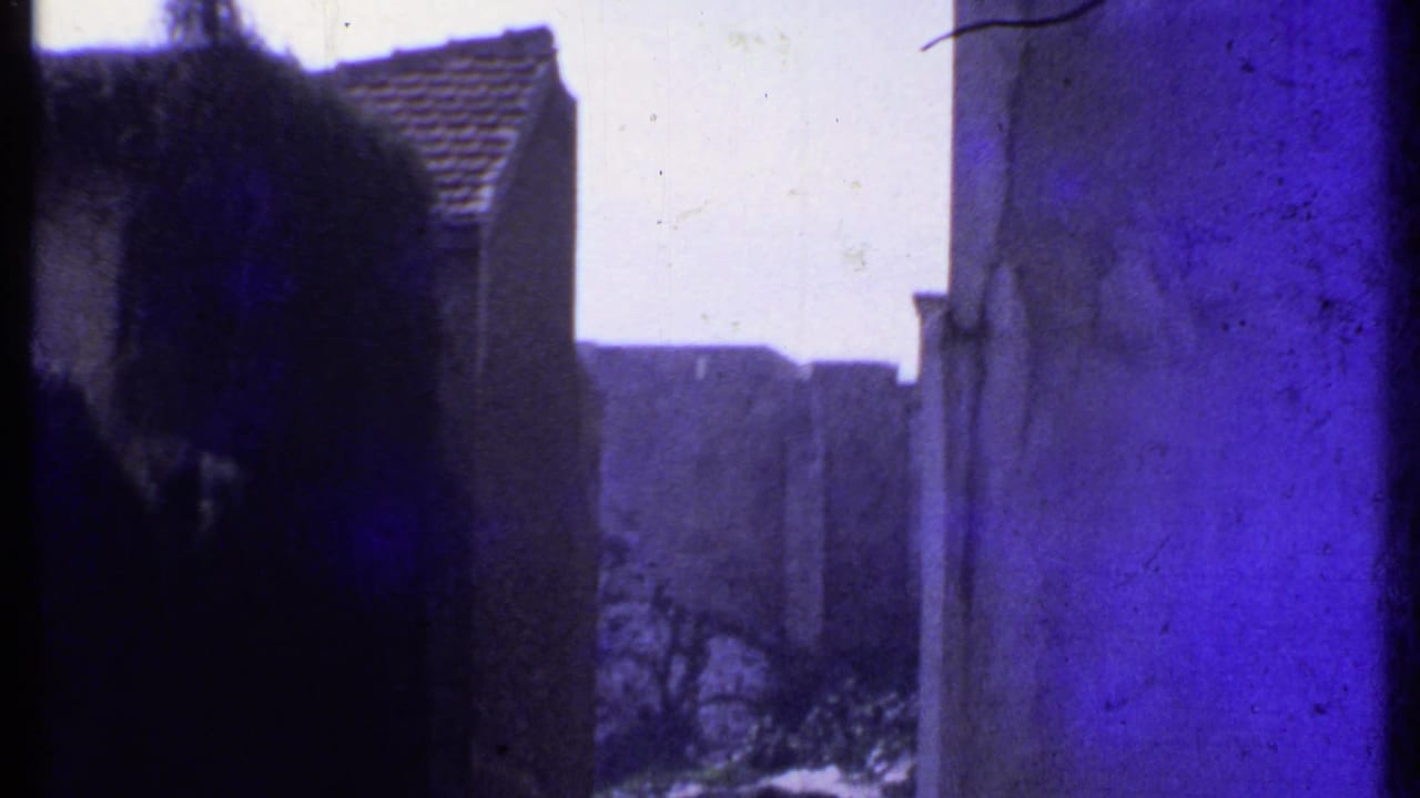 Pale buildings and tiled roofs seen through dark vertical window edges.