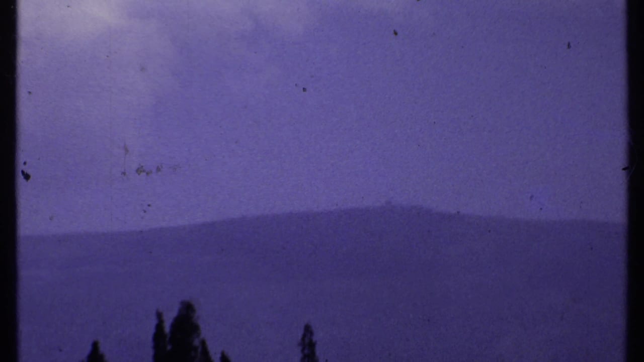 A dark central post or edge divides a hazy mountain view with tree silhouettes below.