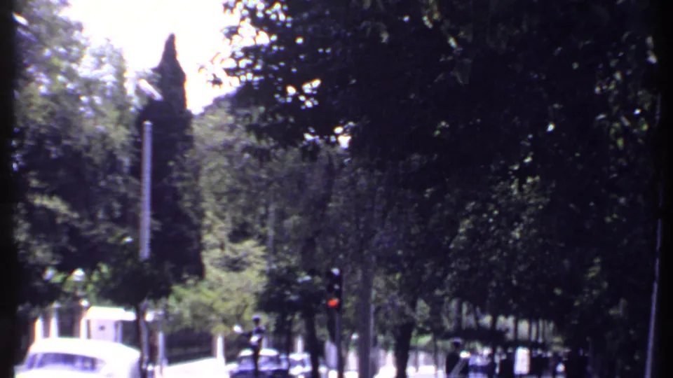 Soft 1969 Kenya 8mm street frame with trees, a pole, a car, and small distant pedestrians in daylight.
