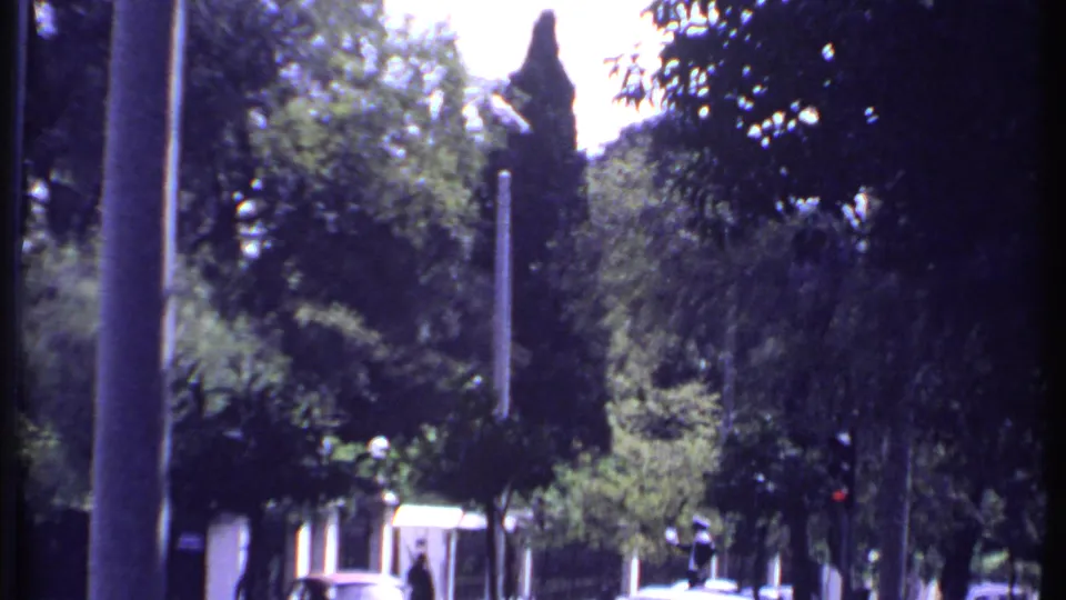 1969 Kenya street view with tall greenery, walled property edges, a small light building, cars, and pedestrians in the distance.